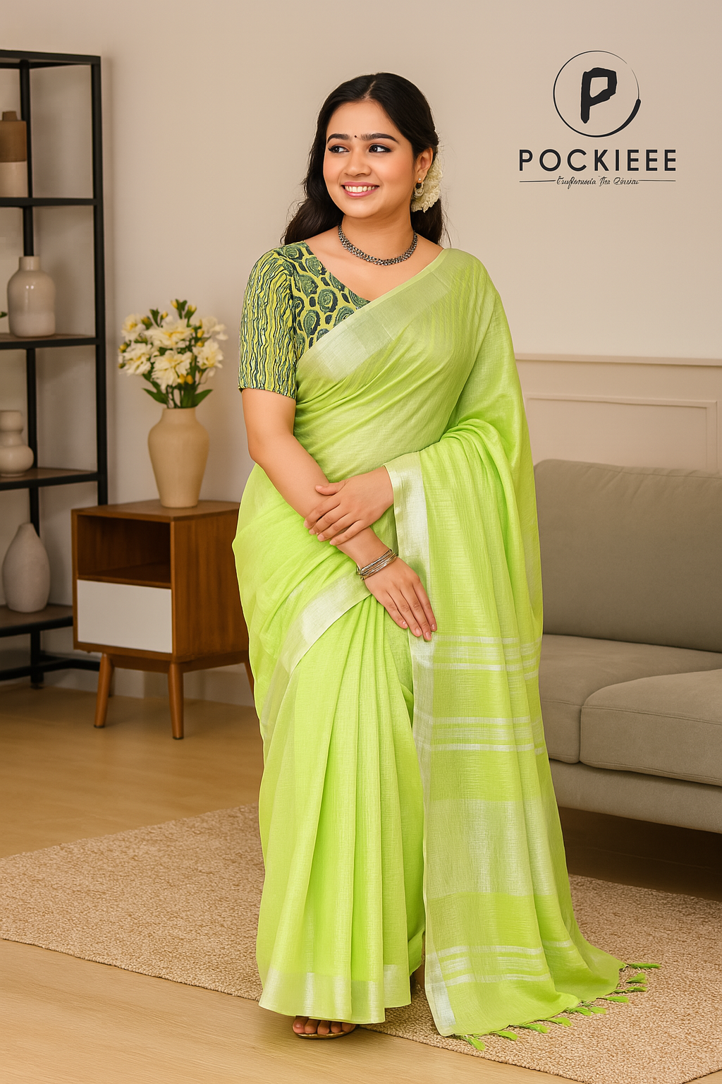 Plain Cotton Linen Saree with Blouse Piece